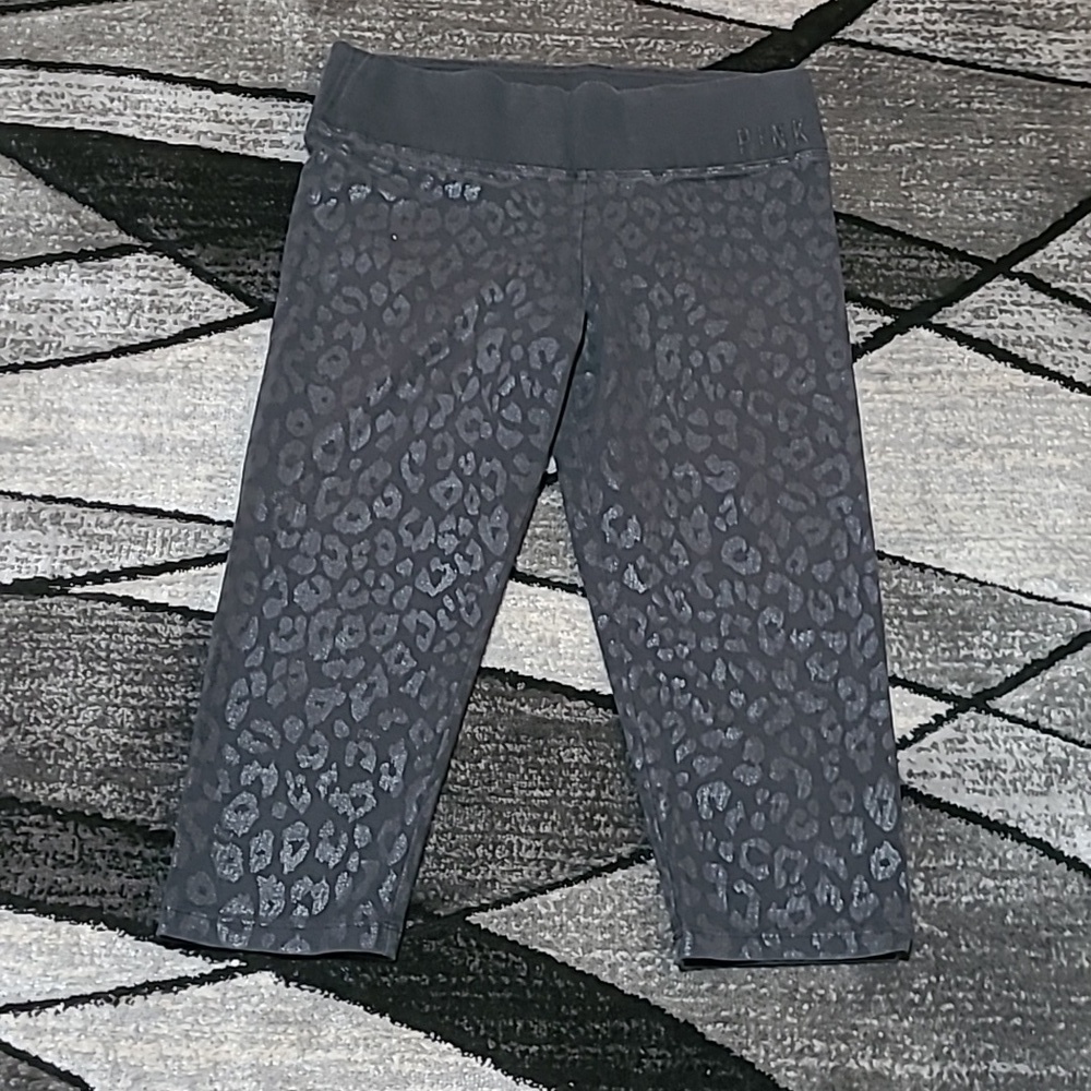VS PINK 2013 LEOPARD PRINT RHINESTONES LOGO CROP LEGGINGS